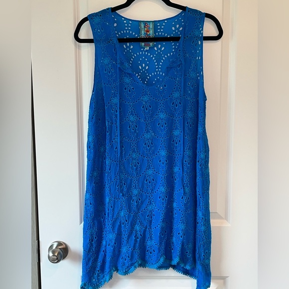 Johnny Was Sleeveless Blue Cupra Rayon Eyelet Blouse Tunic Top Medium - Picture 1 of 5